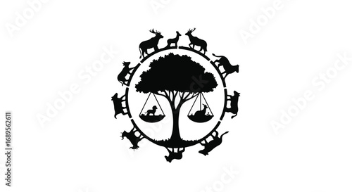 Symbol of animal welfare and balance, a tree with scales holding dogs, surrounded by diverse wildlife silhouettes.