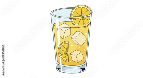 Refreshing Lemonade Illustration with Ice Cubes and Lemon Slices in Glass.