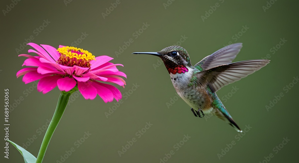Fototapeta premium Hummingbird and Zinnia - A Nectar-Seeking Moment.