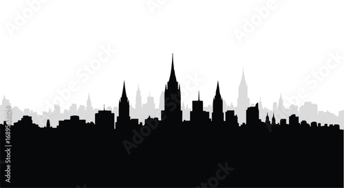 Iconic city skyline silhouette against a bright, hazy sky
