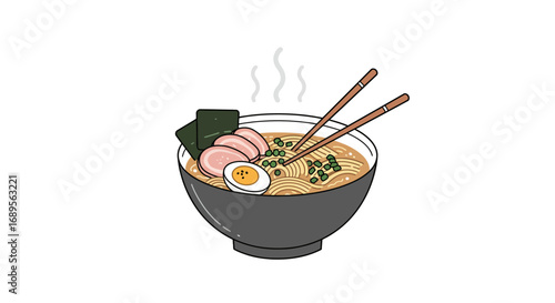 Steaming Bowl of Ramen with Toppings and Chopsticks Illustration 1.