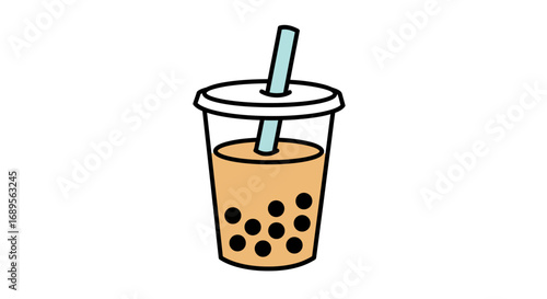 Cartoon Boba Tea with Tapioca Pearls and Straw.