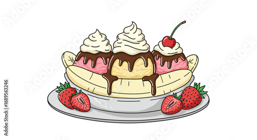 Cartoon Banana Split Dessert with Ice Cream and Strawberries.