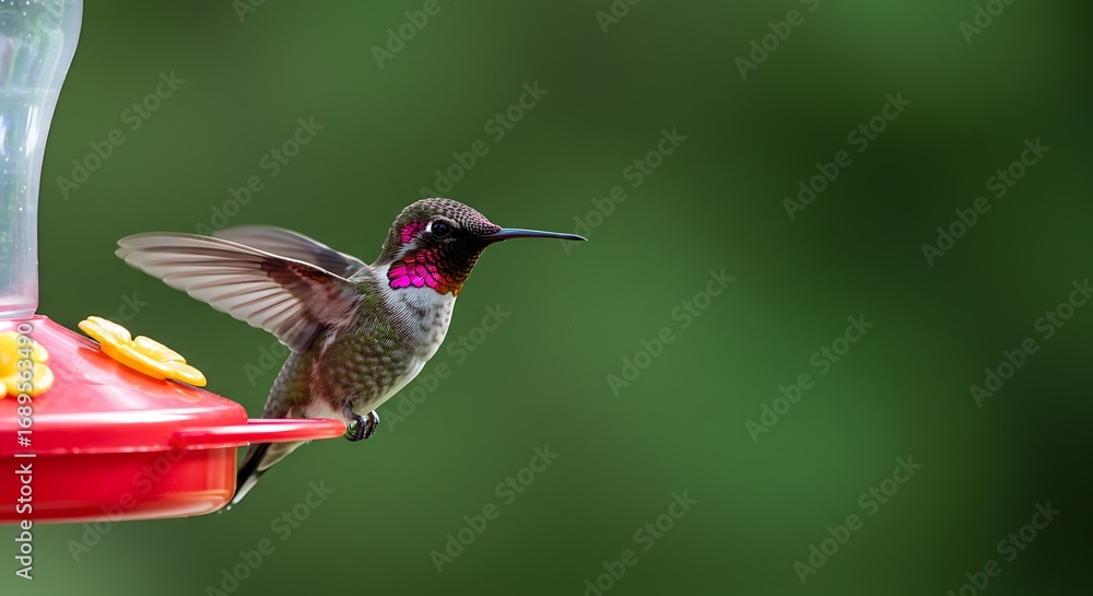 Fototapeta premium Hummingbird at Feeder with Red Throat and Spread Wings.