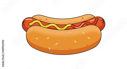 Cartoon Hot Dog with Mustard and Ketchup Toppings on a Bun.