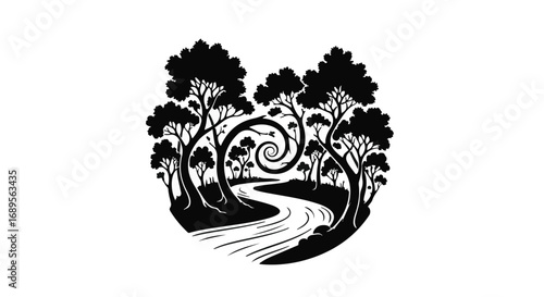 Surreal forest path winds through trees with a hypnotic spiral