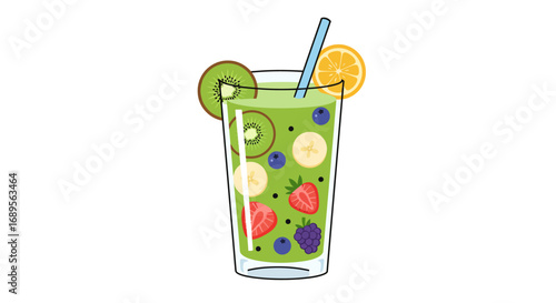 Colorful Fruit Smoothie in Glass with Straw and Fruit Slices.