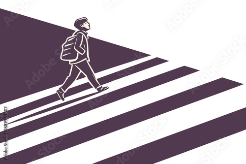 A lone figure, a young person with a backpack, walks across a zebra crossing. The figure is positioned in the center of the frame, looking upwards. The crossing consists of alternating dark purple and