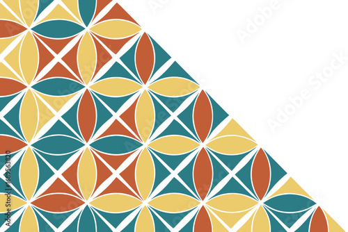 A geometric pattern fills the lower-left triangle of the frame, composed of interconnected floral motifs in teal, yellow, and burnt orange. Each flower is formed by four teardrop shapes arranged aroun