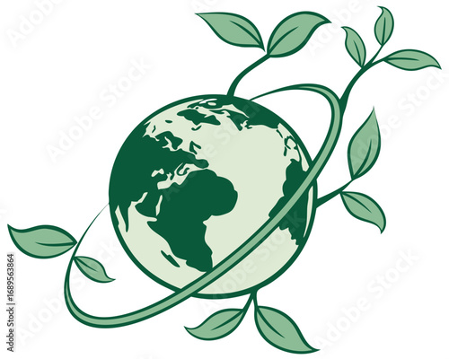 A stylized, light-green globe dominates the center, depicting continents in a darker green hue. A vine, also light-green, encircles the globe diagonally, sprouting leaves at intervals. The leaves are 
