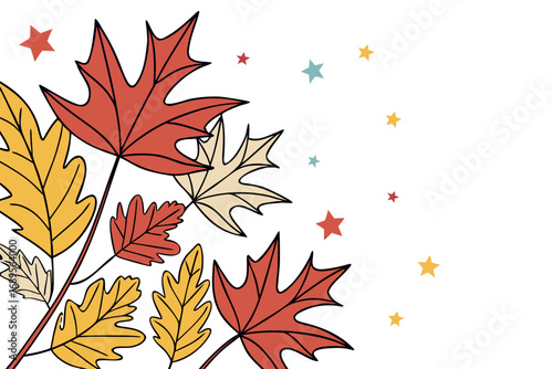 A cluster of stylized autumn leaves dominates the left side, featuring maple and oak varieties in shades of red, yellow, and beige, outlined in dark brown. The leaves are arranged in a semi-circular f