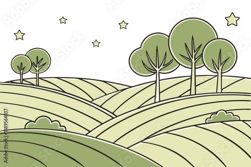 A stylized, cartoonish landscape features rolling green hills defined by parallel lines, creating a terraced effect. Clumps of rounded trees with light green foliage are scattered across the hills, wi