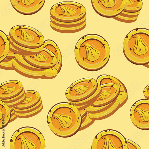 seamless pattern with vector yellow coins presented individually and in stacks of different sizes with autumn design of long pumpkin shape on yellow background, for mobile games, virtual currency