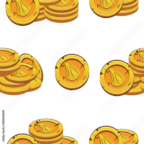 pattern with vector yellow coins presented individually and in stacks of different sizes with autumn design of long pumpkin shape, for mobile games, virtual currency or casino