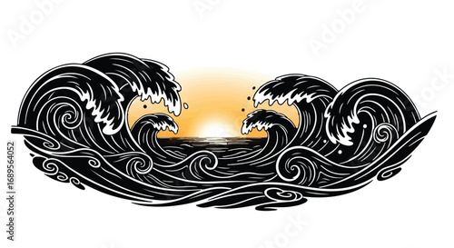 Dramatic ocean waves crashing with a radiant sunset in the background.