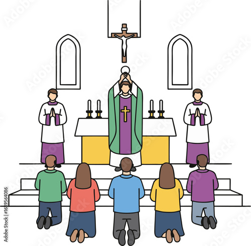 Catholic Mass Ceremony Illustration: Worshippers and Priest at Church Altar