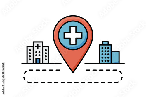 Hospital location icon with building and city, indicating medical facility or healthcare service area