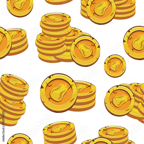 seamless pattern with vector yellow coins presented individually and in stacks of different sizes with autumn design of oval pumpkin, for mobile games, virtual currency or casino