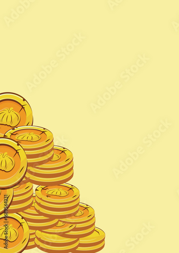 poster with vector yellow coins presented individually and in stacks of different sizes with round pumpkins on a yellow background, for mobile games, virtual currency or casino