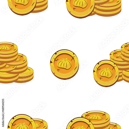 pattern with vector yellow coins presented individually and in stacks of different sizes with round pumpkins, for mobile games, virtual currency or casino