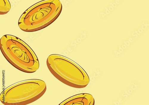 horizontal poster with vector yellow coins with round shaped pumpkins presented separately on yellow background, for mobile games, virtual currency or casino
