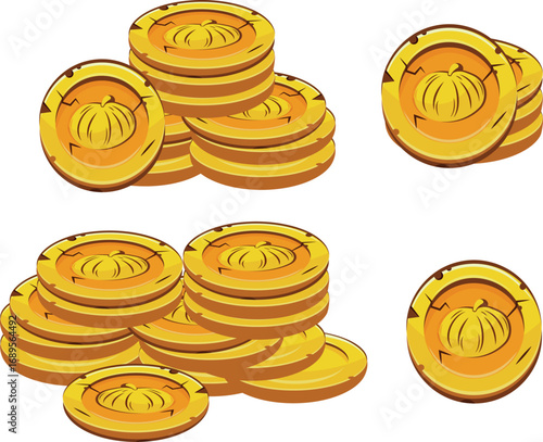 set of vector yellow coins with round pumpkins presented separately, for mobile games, virtual currency or casino