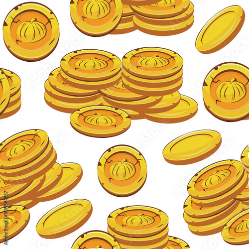 seamless pattern with vector yellow coins with round shaped pumpkins presented separately, for mobile games, virtual currency or casino