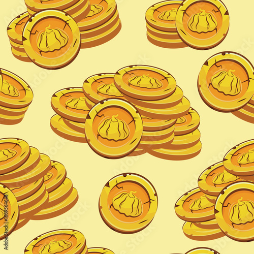 seamless pattern with vector yellow coins presented individually and in stacks of different sizes with autumn design of round pumpkin on yellow background, for mobile games, virtual currency or casino