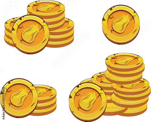 set of vector yellow coins presented individually and in stacks of different sizes with autumn design of oval pumpkin, for mobile games, virtual currency, casino and holiday designs