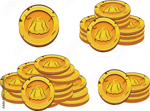set of vector yellow coins presented individually and in stacks of different sizes with autumn design of round pumpkin, for mobile games, virtual currency or casino