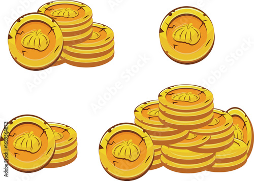 set with vector yellow coins presented individually and in stacks of different sizes with round pumpkins, for mobile games, virtual currency or casino