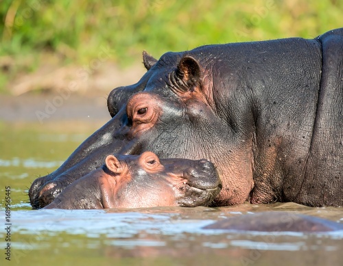 Hippopotamus mother and calf in water