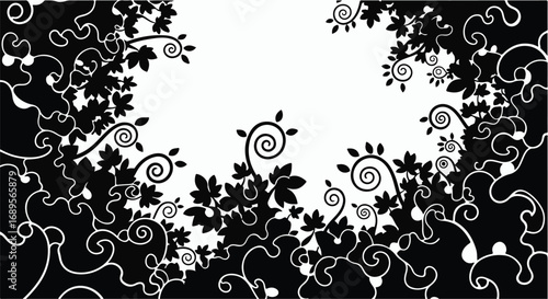 Elegant black and white swirling vines and leaves create a decorative border framing negative space.