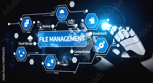 Wallpaper Mural A robotic hand interacts with a digital file management system featuring icons for cloud storage, data backup, and compression, symbolizing advanced technology and automation. Tessel Torontodigital.ca