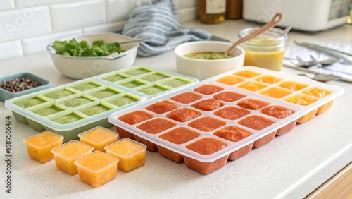 Frozen baby food cubes neatly organized in silicone trays on a kitchen countertop with fresh ingredients nearby