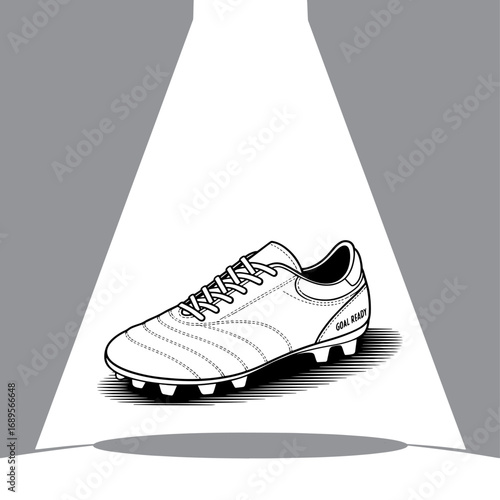 Spotlit Football Boot a Symbol of Athletic Prowess and Sporting Goods Excellence in Dynamic Black and White