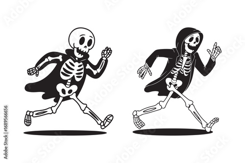 Two skeletons running in cartoon style