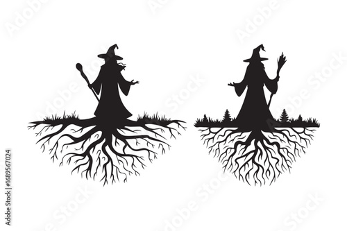 Silhouetted wizards with rooted feet and magic staffs