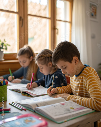 Children Concentrating on Homework at Home..