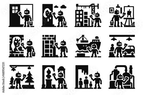 Icons warehouse wall gallery vector plant painter robot icon set outdoor room
