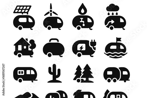 Eco retreat collection capsule living icons mobile rainwater icon filtration desert vector
