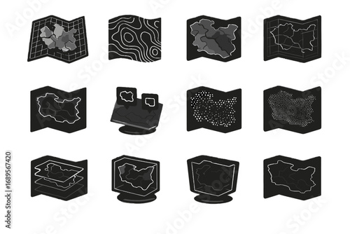 Holographic blueprint projection vector transparent wireframe layered map view hologram volumetric icon