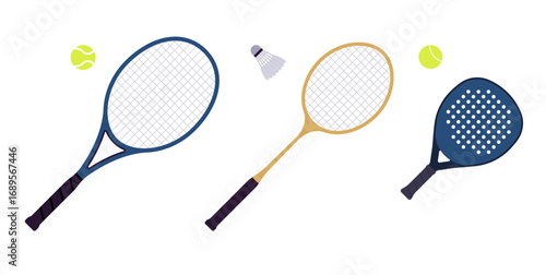 Sports rackets set for tennis, badminton and padel, sport equipment collection. Simplicity vector illustration, isolated.