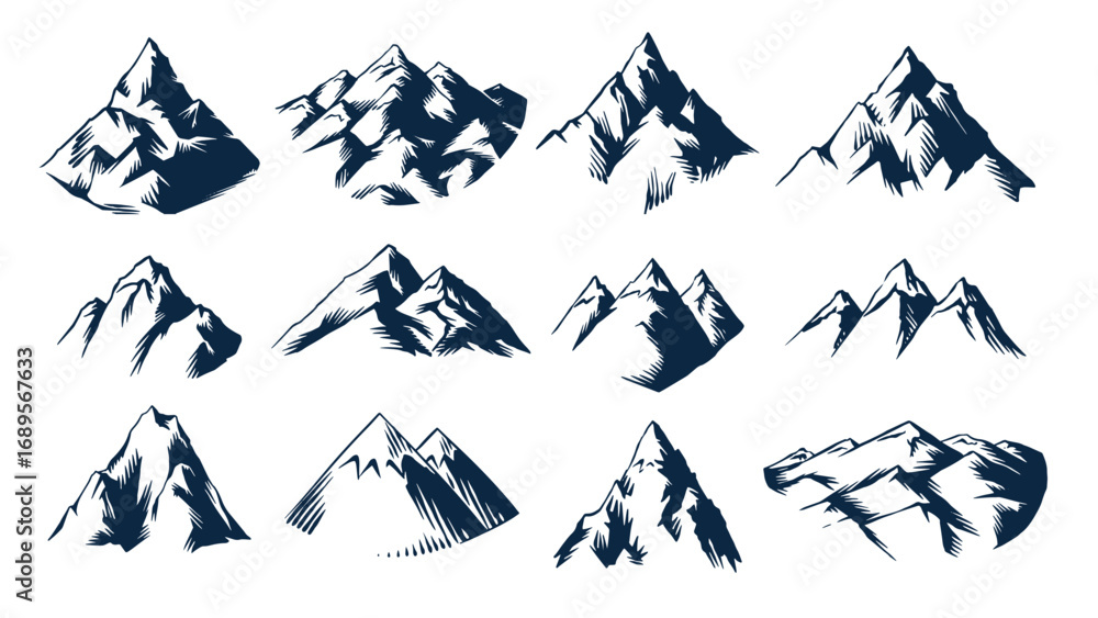 Fototapeta premium Mountain emblem or icons set. Hand drawn frozen peaks for your design, water bottle, expeditions, adventure and lifestyle business. Explore hills and woods. For clothing