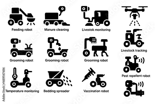 Livestock irrigation repellent vector manure robot cleaning robotic drone health icon temperature