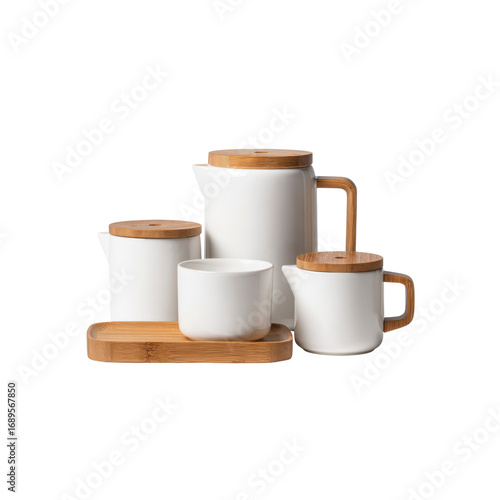 Elegant White Ceramic Tea Set with Bamboo Accents on Wooden Tray