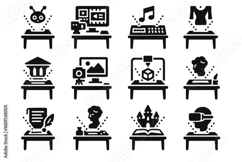 Architecture design icon desk animation hologram painting video vector icons vr