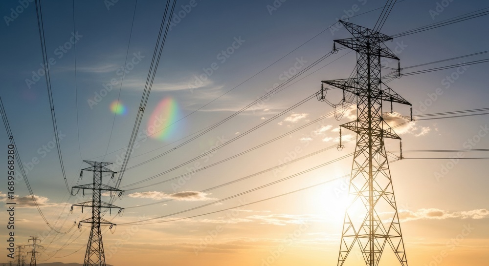 Fototapeta premium Towering Power Lines Carry Electricity Across the Expansive Landscape at Sunset