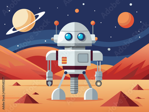 Robot exploring a Mars-like alien planet with Saturn in the sky