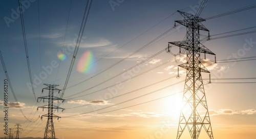 Towering Power Lines Carry Electricity Across the Expansive Landscape at Sunset